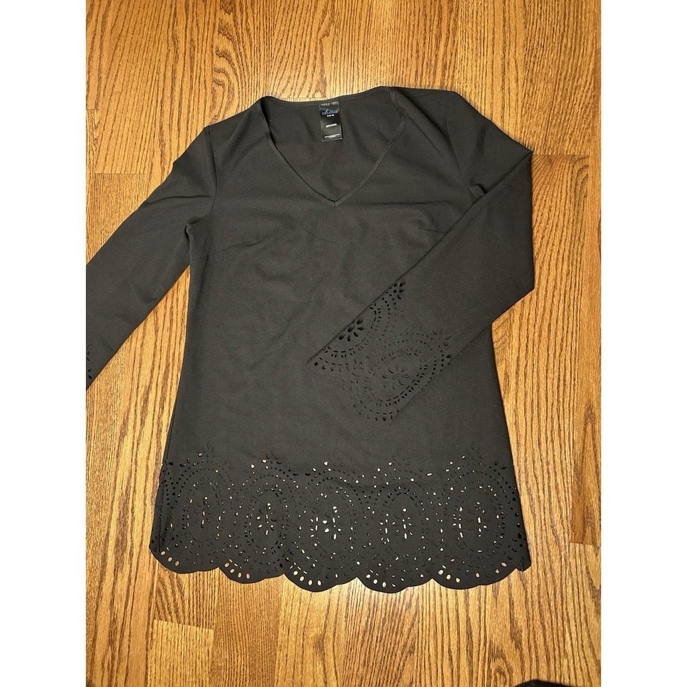 Catalina Women's Medium Black V Neck Top Tunic Laser Cut Long Sleeve